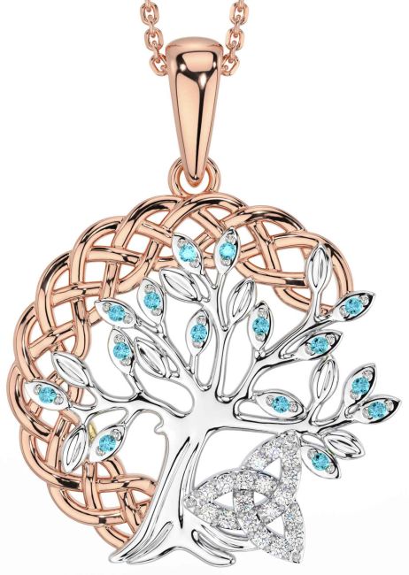 Diamond Aquamarine White Rose Gold Celtic Trinity Knot Tree of Life Necklace
