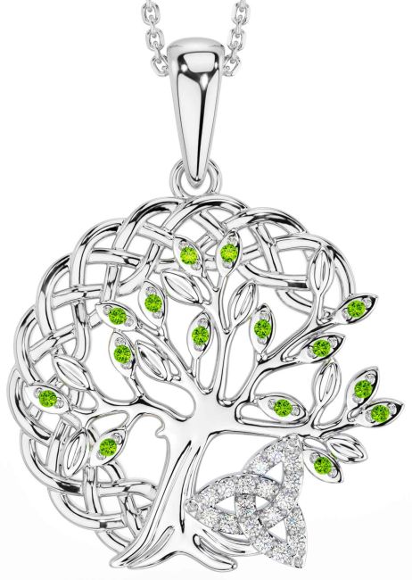 Diamond Peridot Silver Celtic Trinity Knot Tree of Life Necklace