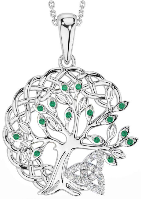 Diamond Emerald White Gold Celtic Trinity Knot Tree of Life Necklace