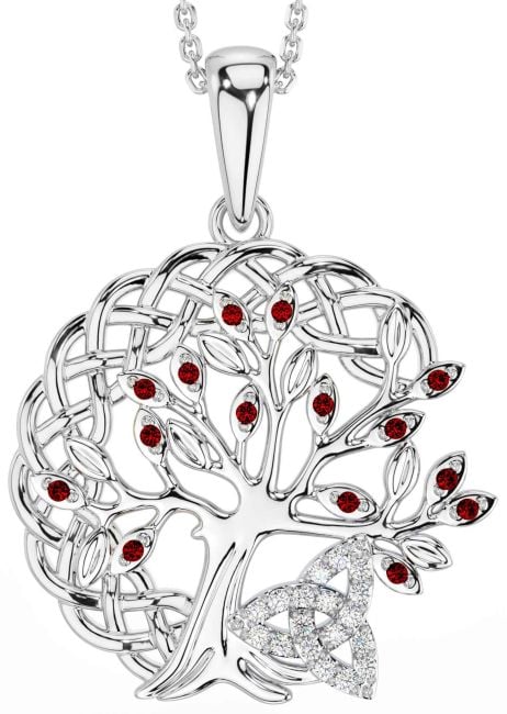 Diamond Garnet White Gold Celtic Trinity Knot Tree of Life Necklace
