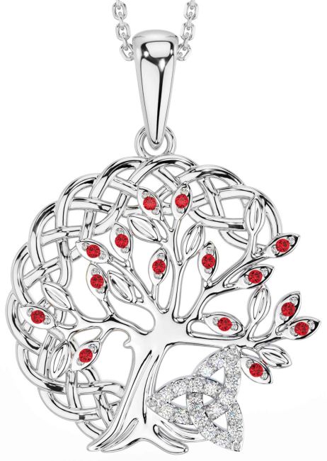 Diamond Ruby White Gold Celtic Trinity Knot Tree of Life Necklace