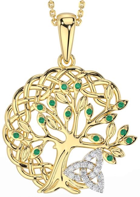 Diamond Emerald Gold Celtic Trinity Knot Tree of Life Necklace