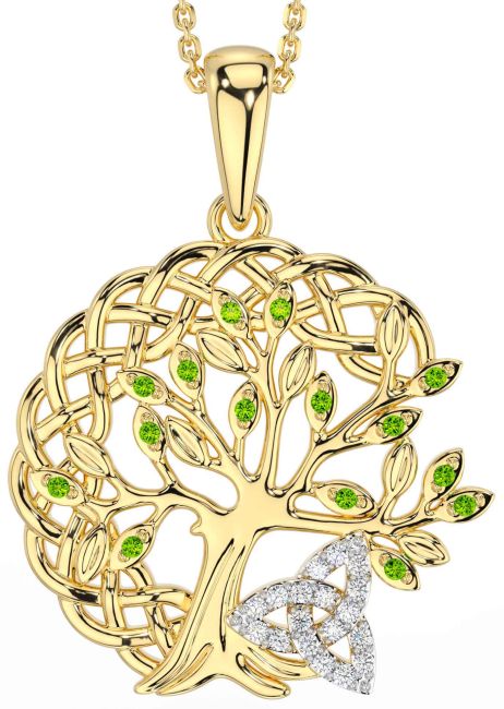Diamond Peridot Gold Celtic Trinity Knot Tree of Life Necklace