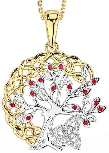 Diamond Ruby White Yellow Gold Celtic Trinity Knot Tree of Life Necklace