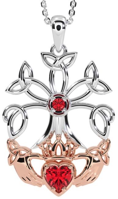 Ruby Rose Gold Silver Claddagh Trinity knot Celtic Tree of Life Necklace