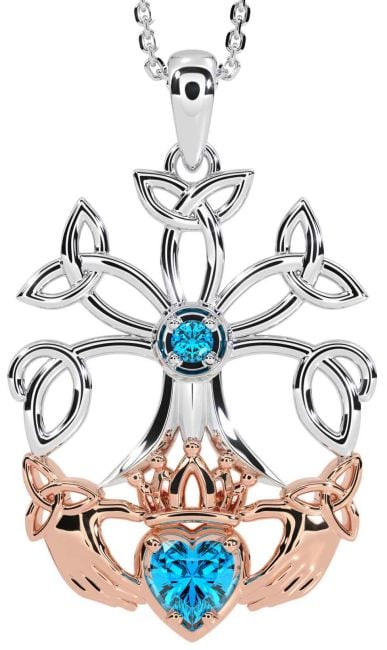 Topaz Rose Gold Silver Claddagh Trinity knot Celtic Tree of Life Necklace