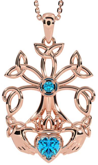 Topaz Rose Gold Claddagh Trinity knot Celtic Tree of Life Necklace