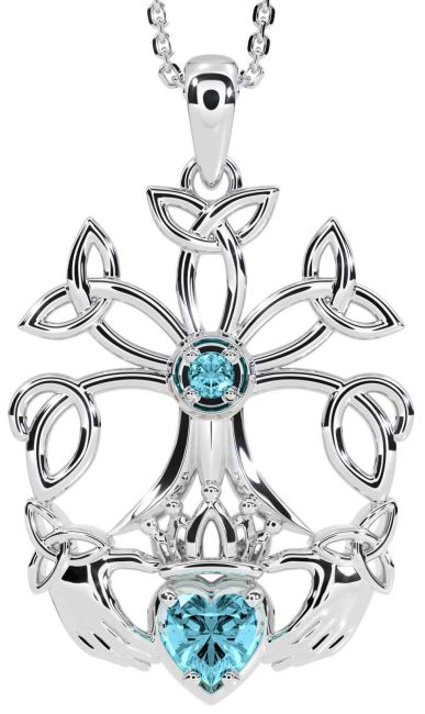 Aquamarine Silver Claddagh Trinity knot Celtic Tree of Life Necklace