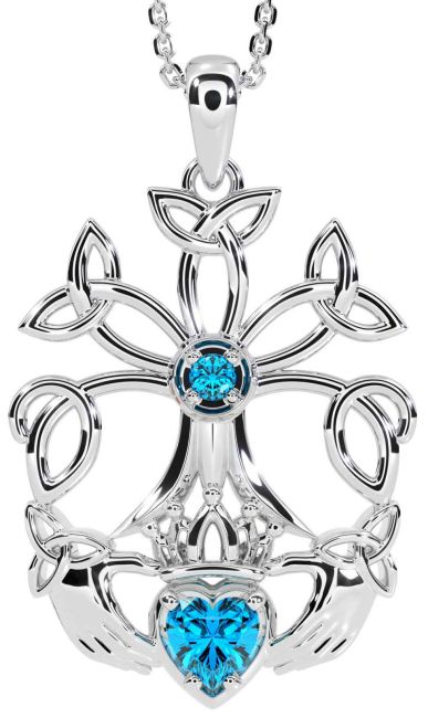Topaz Silver Claddagh Trinity knot Celtic Tree of Life Necklace