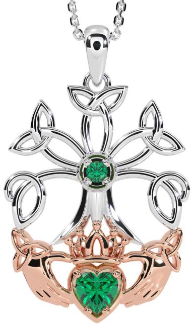 Emerald Rose Gold Silver Claddagh Trinity knot Celtic Tree of Life Necklace