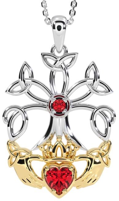 Ruby Gold Silver Claddagh Trinity knot Celtic Tree of Life Necklace