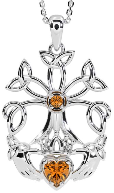 Citrine White Gold Claddagh Trinity knot Celtic Tree of Life Necklace