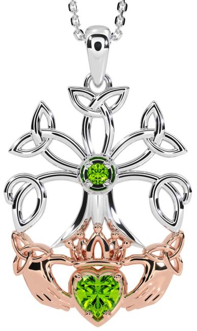 Peridot White Rose Gold Claddagh Trinity knot Celtic Tree of Life Necklace