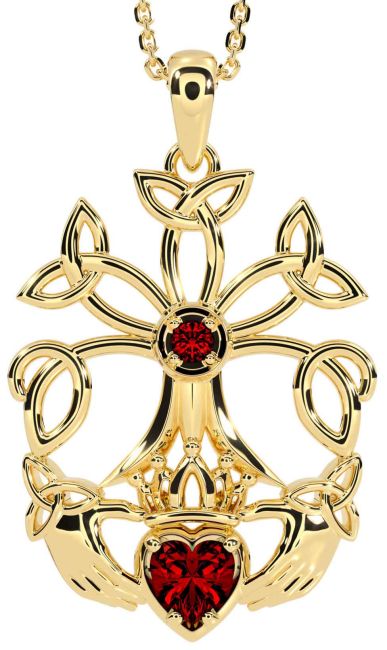 Garnet Gold Claddagh Trinity knot Celtic Tree of Life Necklace