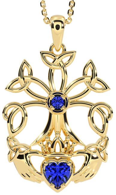 Sapphire Gold Claddagh Trinity knot Celtic Tree of Life Necklace