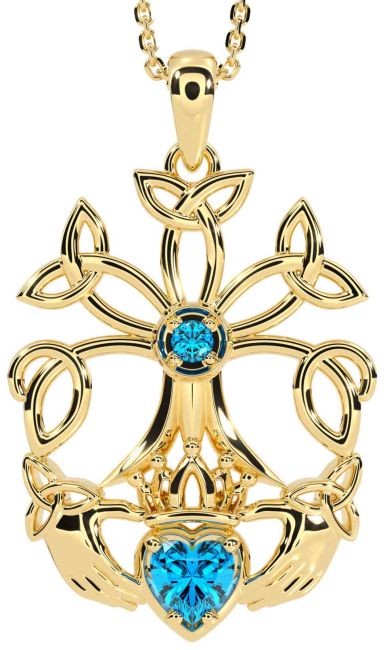 Topaz Gold Claddagh Trinity knot Celtic Tree of Life Necklace