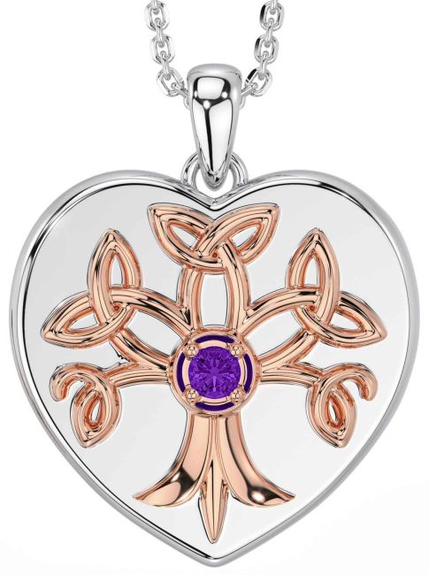 Amethyst Rose Gold Silver Celtic Tree of Life Trinity Knot Heart Necklace