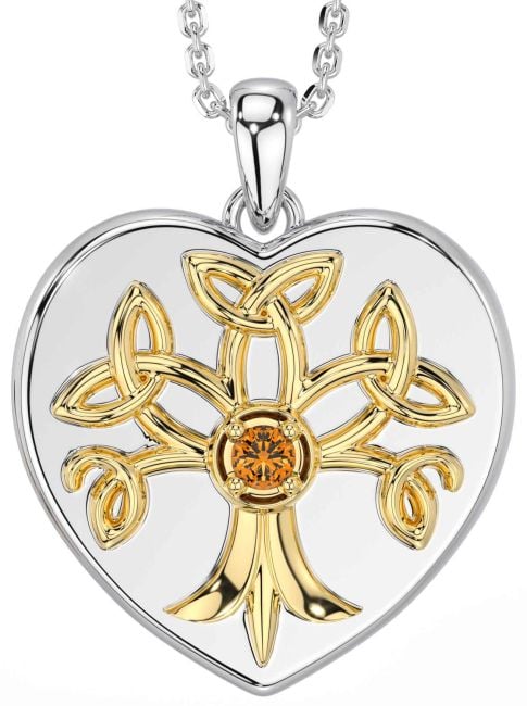 Citrine Gold Silver Celtic Tree of Life Trinity Knot Heart Necklace