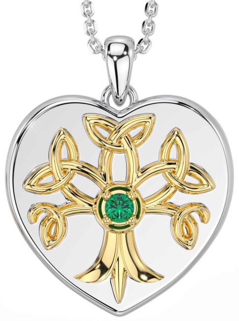 Emerald Gold Silver Celtic Tree of Life Trinity Knot Heart Necklace