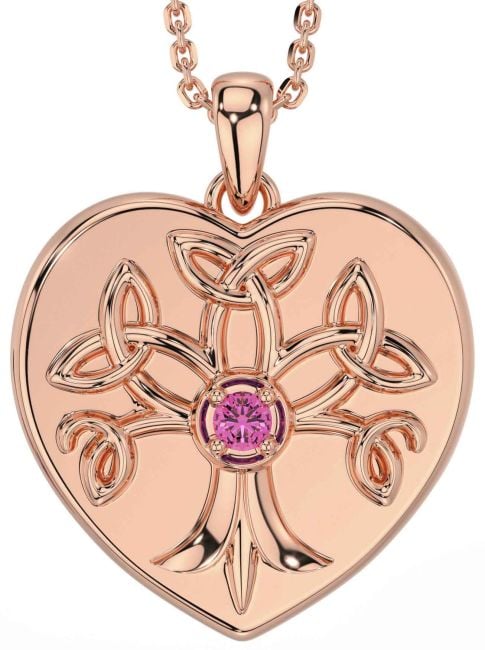 Pink Tourmaline Rose Gold Celtic Tree of Life Trinity Knot Heart Necklace