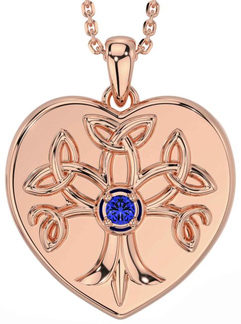 Sapphire Rose Gold Celtic Tree of Life Trinity Knot Heart Necklace