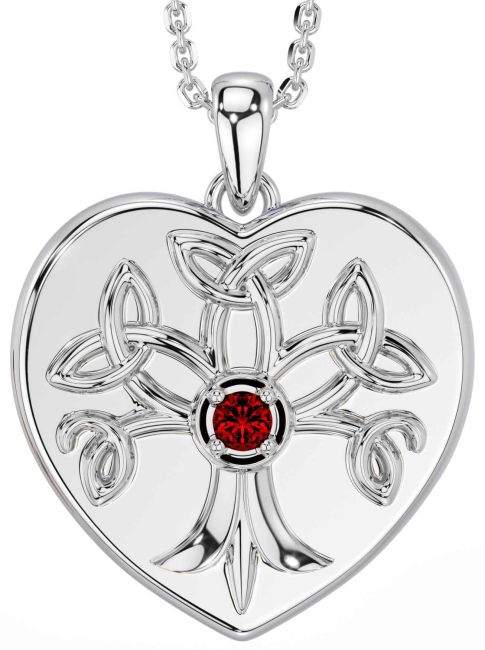 Garnet Silver Celtic Tree of Life Trinity Knot Heart Necklace
