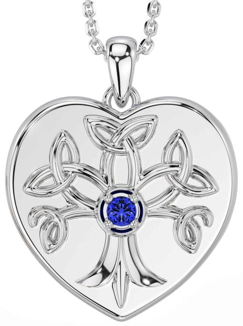 Sapphire Silver Celtic Tree of Life Trinity Knot Heart Necklace