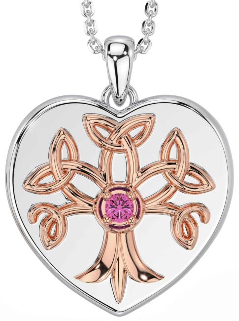 Pink Tourmaline Rose Gold Silver Celtic Tree of Life Trinity Knot Heart Necklace