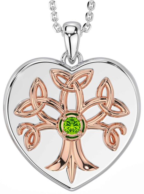 Peridot Rose Gold Silver Celtic Tree of Life Trinity Knot Heart Necklace