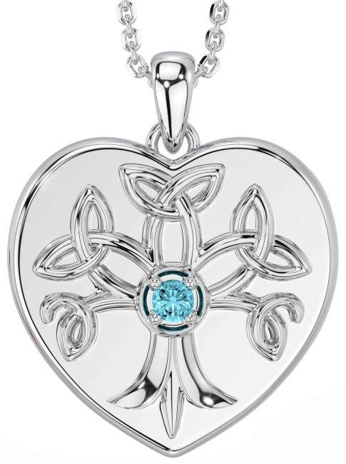 Aquamarine White Gold Celtic Tree of Life Trinity Knot Heart Necklace