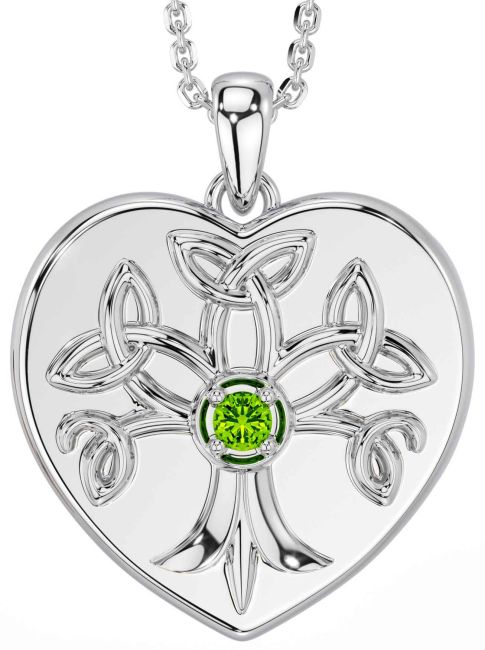 Peridot White Gold Celtic Tree of Life Trinity Knot Heart Necklace