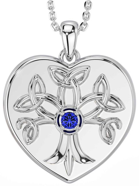 Sapphire White Gold Celtic Tree of Life Trinity Knot Heart Necklace