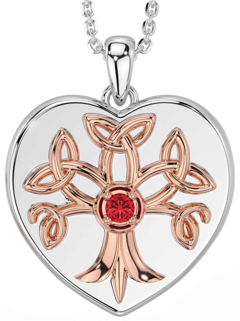 Ruby White Rose Gold Celtic Tree of Life Trinity Knot Heart Necklace