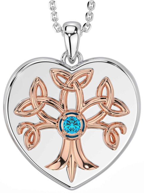 Topaz White Rose Gold Celtic Tree of Life Trinity Knot Heart Necklace