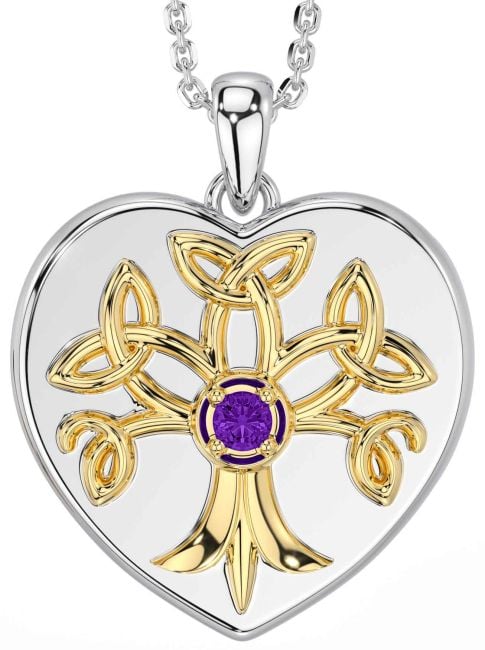 Amethyst White Yellow Gold Celtic Tree of Life Trinity Knot Heart Necklace