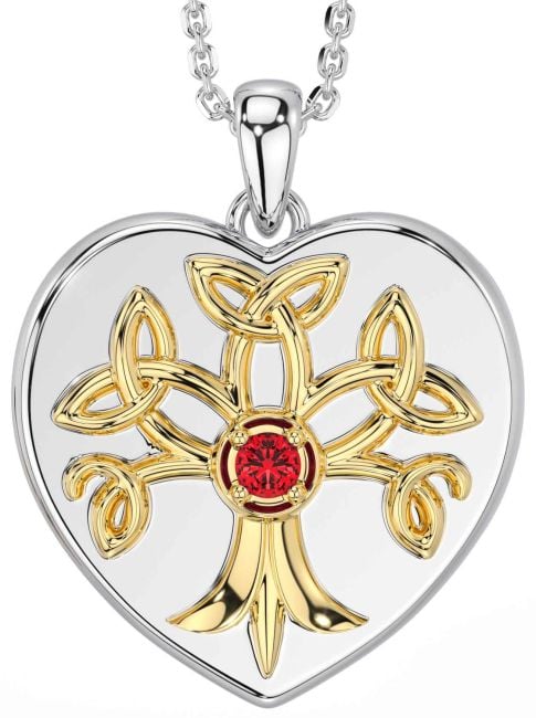 Ruby White Yellow Gold Celtic Tree of Life Trinity Knot Heart Necklace