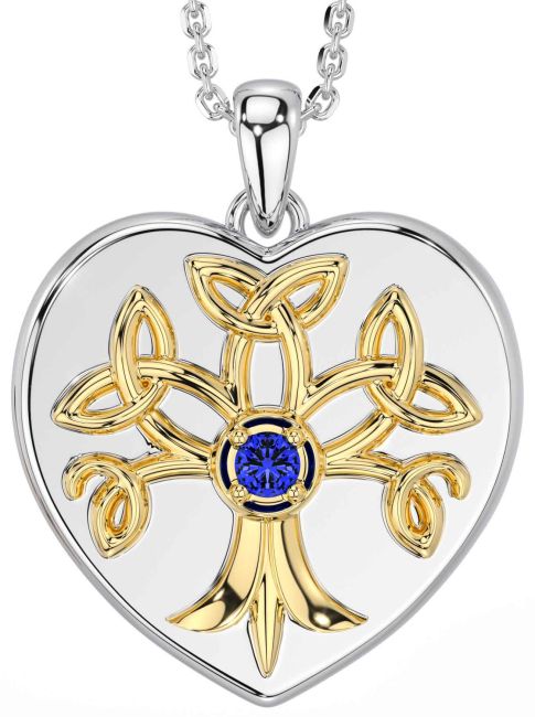 Sapphire White Yellow Gold Celtic Tree of Life Trinity Knot Heart Necklace