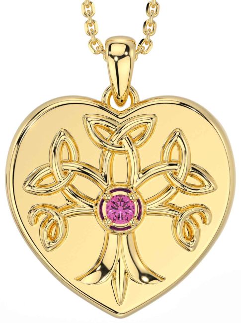 Pink Tourmaline Gold Celtic Tree of Life Trinity Knot Heart Necklace