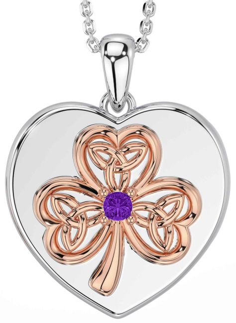 Amethyst Rose Gold Silver Celtic Heart Shamrock Trinity Knot Necklace