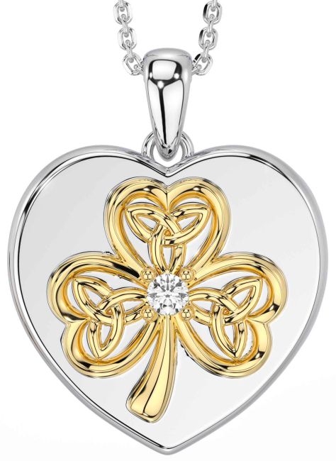 Diamond Gold Silver Celtic Heart Shamrock Trinity Knot Necklace
