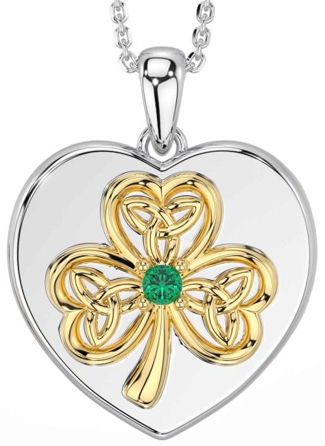 Emerald Gold Silver Celtic Heart Shamrock Trinity Knot Necklace