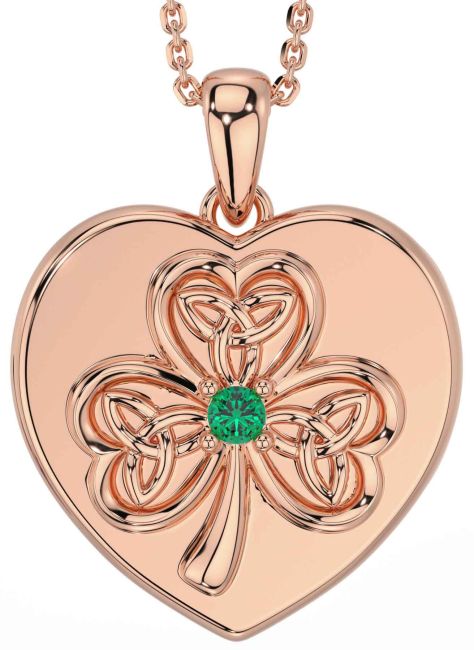 Emerald Rose Gold Silver Celtic Heart Shamrock Trinity Knot Necklace