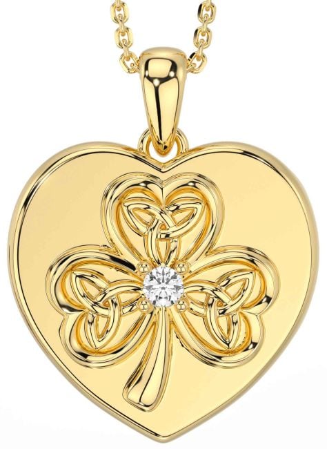 Diamond Gold Silver Celtic Heart Shamrock Trinity Knot Necklace