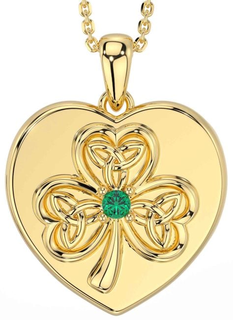 Emerald Gold Silver Celtic Heart Shamrock Trinity Knot Necklace