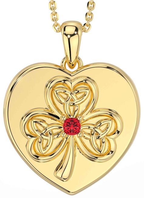 Ruby Gold Silver Celtic Heart Shamrock Trinity Knot Necklace