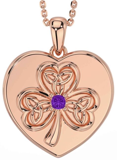 Amethyst Rose Gold Celtic Heart Shamrock Trinity Knot Necklace