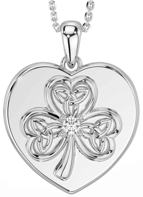 Diamond Silver Celtic Heart Shamrock Trinity Knot Necklace