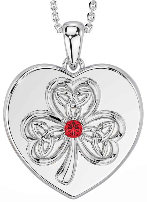 Ruby Silver Celtic Heart Shamrock Trinity Knot Necklace