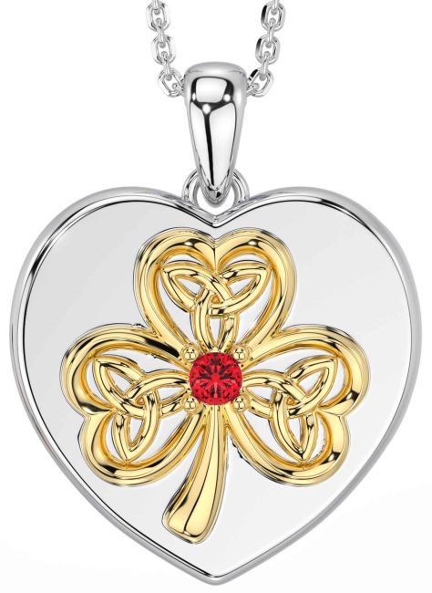 Ruby Gold Silver Celtic Heart Shamrock Trinity Knot Necklace