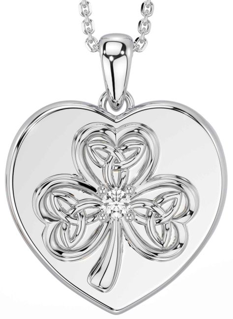 Diamond White Gold Celtic Heart Shamrock Trinity Knot Necklace